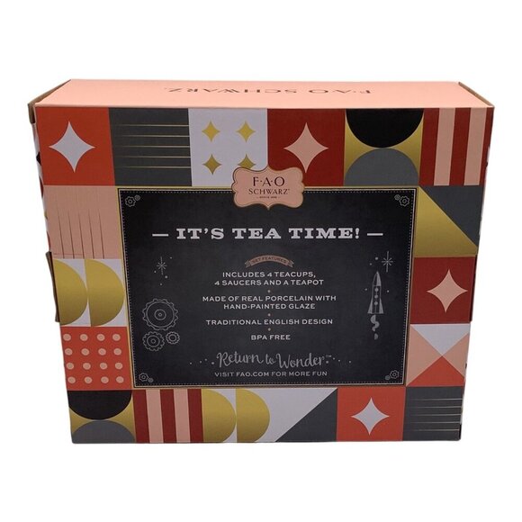 FAO Schwarz 9-Piece Ceramic Tea Party Set For Kids Hand Glazed Porcelain Teapot - Picture 2 of 7